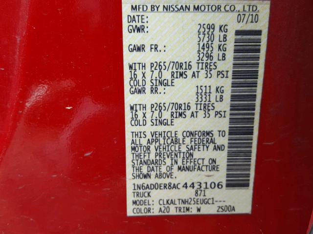 1N6AD0ER8AC443106 - 2010 NISSAN FRONTIER C RED photo 10