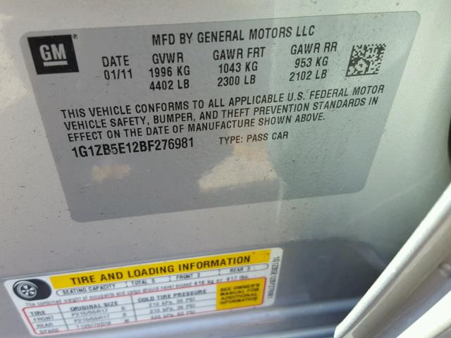 1G1ZB5E12BF276981 - 2011 CHEVROLET MALIBU LS ვერცხლისფერი ფოტო 10