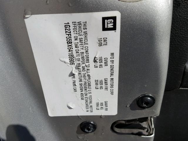 1G2ZF55BX64189906 - 2006 PONTIAC G6 SE SILVER photo 10