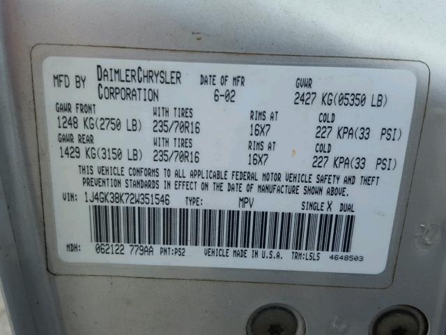 1J4GK38K72W351546 - 2002 JEEP LIBERTY RE SILVER photo 10