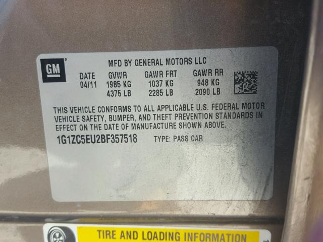 1G1ZC5EU2BF357518 - 2011 CHEVROLET MALIBU 1LT 金色 照片 10