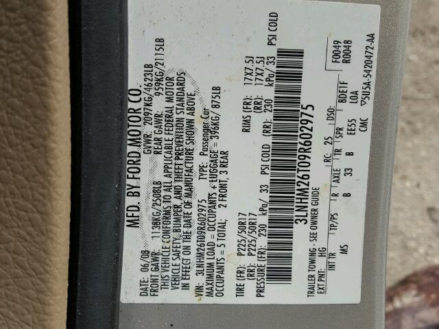 3LNHM26T09R602975 - 2009 LINCOLN MKZ ბეჟი ფოტო 10