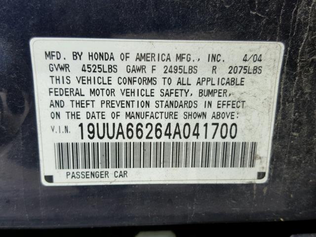 19UUA66264A041700 - 2004 ACURA TL BLUE photo 10