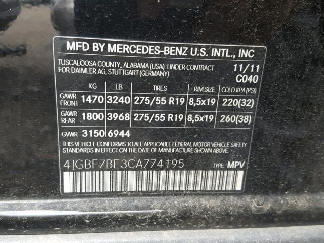 4JGBF7BE3CA774195 - 2012 MERCEDES-BENZ GL 450 4MA BLACK photo 10