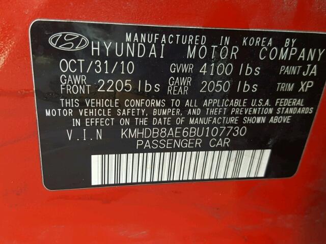 KMHDB8AE6BU107730 - 2011 HYUNDAI ELANTRA TO RED photo 10