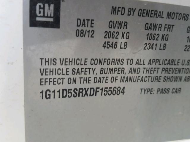 1G11D5SRXDF155684 - 2013 CHEVROLET MALIBU 1LT თეთრი ფოტო 10