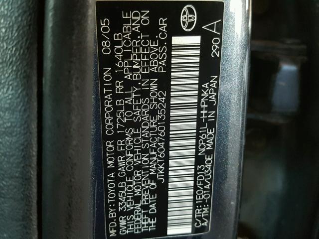 JTKKT604760135242 - 2006 TOYOTA SCION XA CHARCOAL photo 10