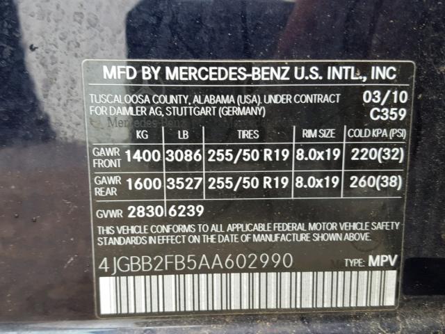 4JGBB2FB5AA602990 - 2010 MERCEDES-BENZ ML 350 BLU BLUE photo 10