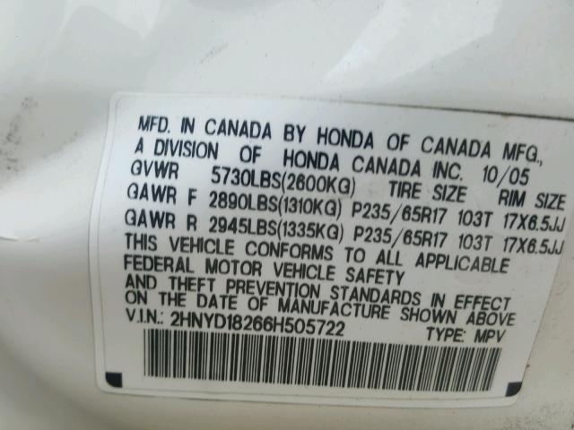 2HNYD18266H505722 - 2006 ACURA MDX WHITE photo 10