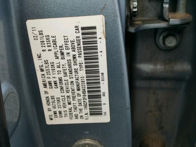 1HGCP3F84BA020810 - 2011 HONDA ACCORD EXL BLUE photo 10