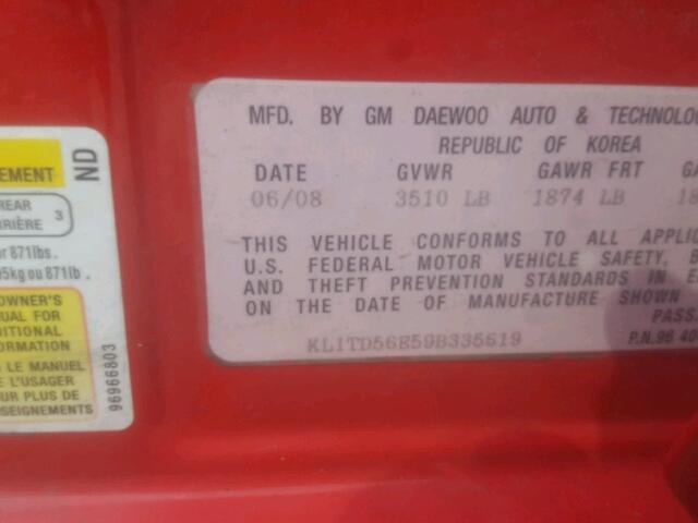 KL1TD56E59B335619 - 2009 CHEVROLET AVEO LS RED photo 10