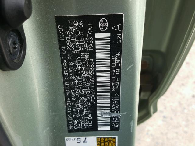 JTDKB20U883356854 - 2008 TOYOTA PRIUS GREEN photo 10