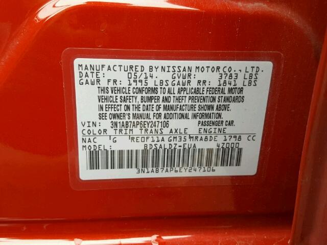 3N1AB7AP6EY247106 - 2014 NISSAN SENTRA S RED photo 10