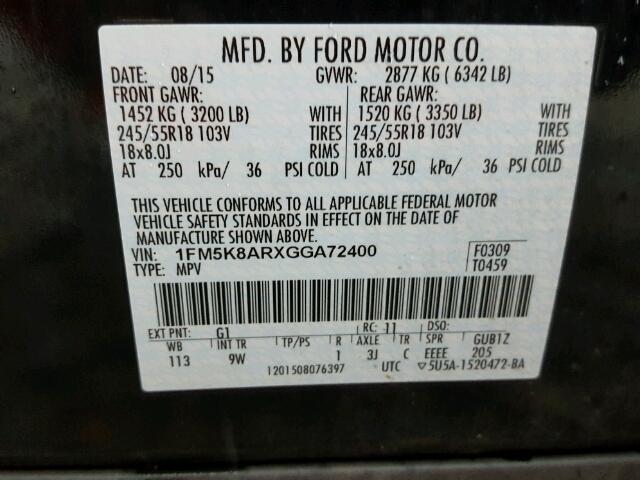 1FM5K8ARXGGA72400 - 2016 FORD EXPLORER P BLACK photo 10