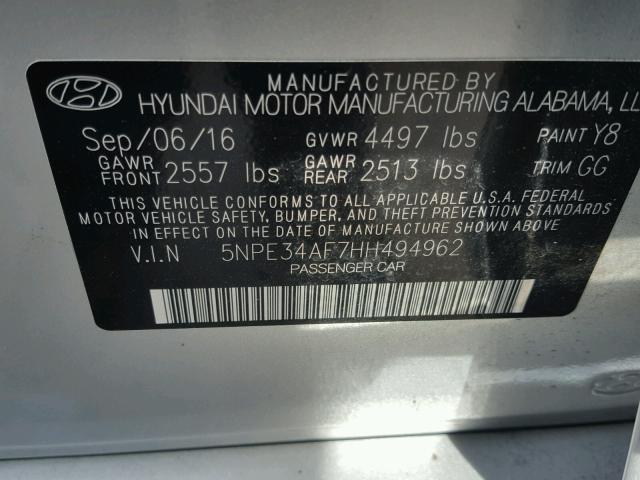 5NPE34AF7HH494962 - 2017 HYUNDAI SONATA SPO SILVER photo 10