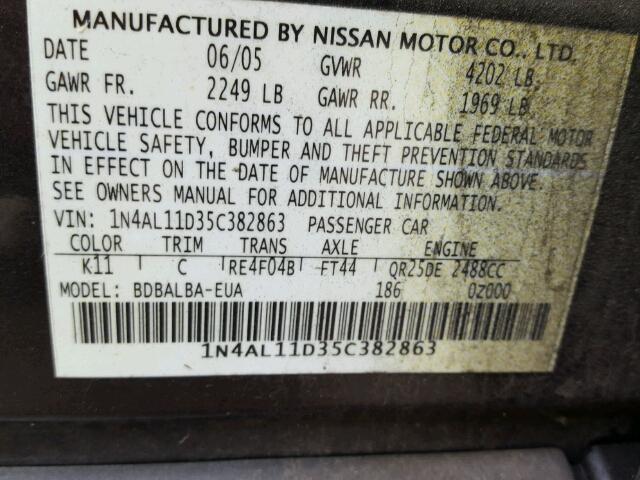 1N4AL11D35C382863 - 2005 NISSAN ALTIMA GRAY photo 10