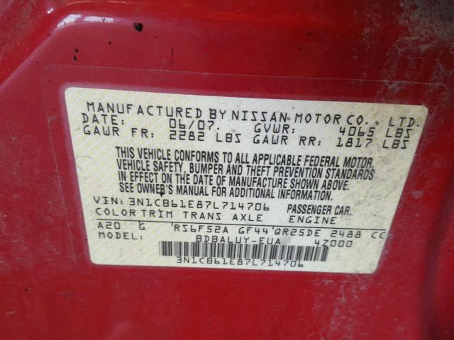 3N1CB61E87L714706 - 2007 NISSAN SENTRA SE- RED photo 10