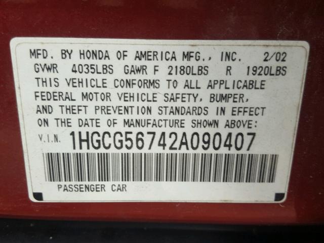 1HGCG56742A090407 - 2002 HONDA ACCORD BURGUNDY photo 10