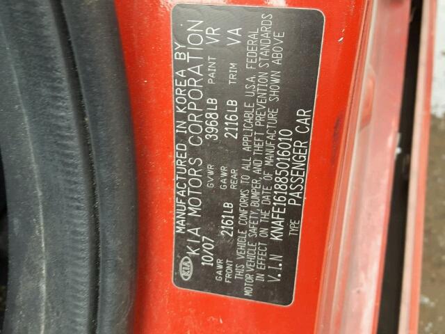 KNAFE161885016010 - 2008 KIA SPECTRA5 5 RED photo 10