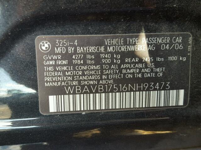 WBAVB17516NH93473 - 2006 BMW 325 I AUTO BLACK photo 10