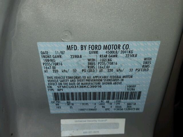 1FMCU03138KC39916 - 2008 FORD ESCAPE XLT BEIGE photo 10