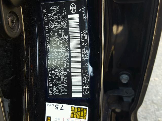 JTDKB20U883382645 - 2008 TOYOTA PRIUS BLACK photo 10