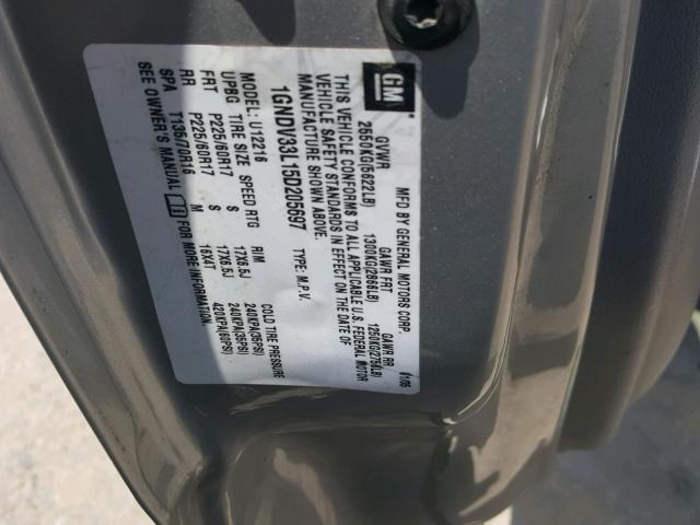 1GNDV33L15D205697 - 2005 CHEVROLET UPLANDER L GRAY photo 10