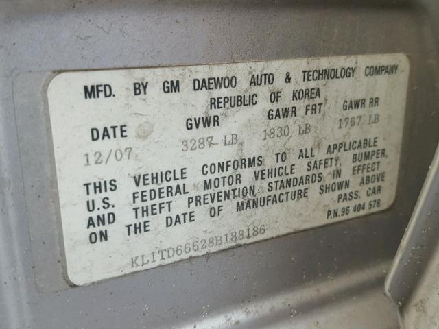 KL1TD66628B188186 - 2008 CHEVROLET AVEO BASE Srebrny zdjęcie 10