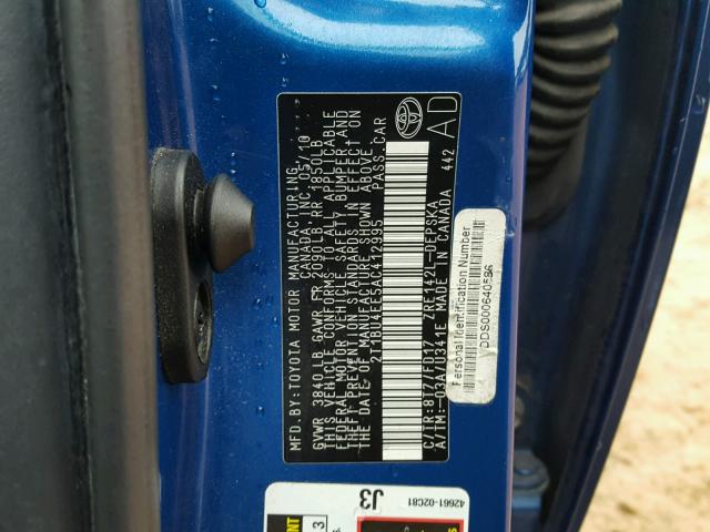 2T1BU4EE5AC412995 - 2010 TOYOTA COROLLA BA BLUE photo 10