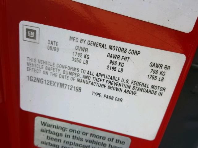 1G2NG12EXYM712198 - 2000 PONTIAC GRAND AM S RED photo 10