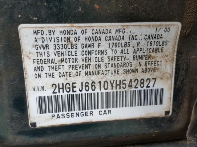 2HGEJ6610YH542827 - 2000 HONDA CIVIC BASE Turkuaz foto 10