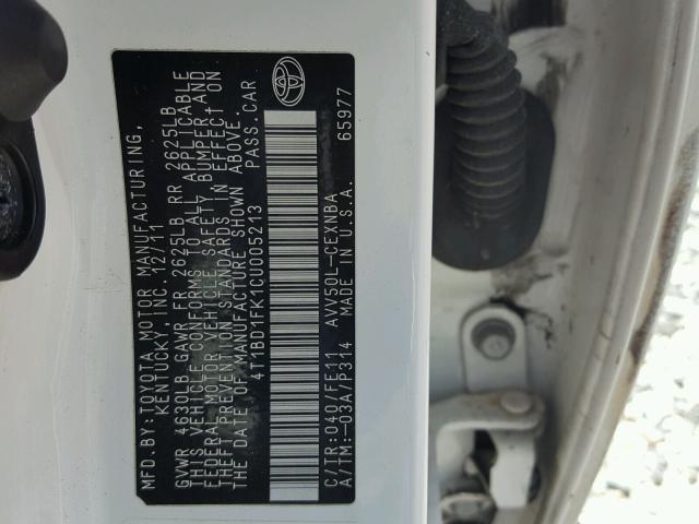 4T1BD1FK1CU005213 - 2012 TOYOTA CAMRY HYBR 白色 照片 10