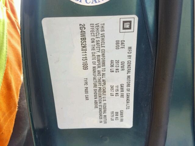 2G4WB52K011151809 - 2001 BUICK REGAL LS GREEN photo 10