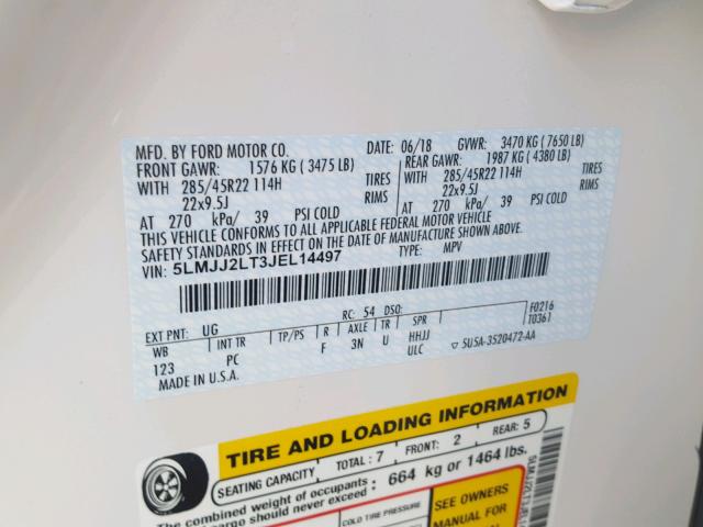 5LMJJ2LT3JEL14497 - 2018 LINCOLN NAVIGATOR Weiß Foto 10