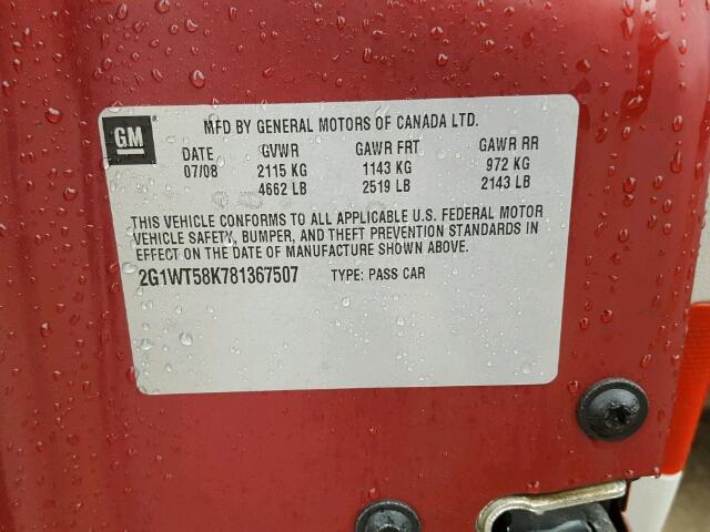 2G1WT58K781367507 - 2008 CHEVROLET IMPALA 红色 照片 10