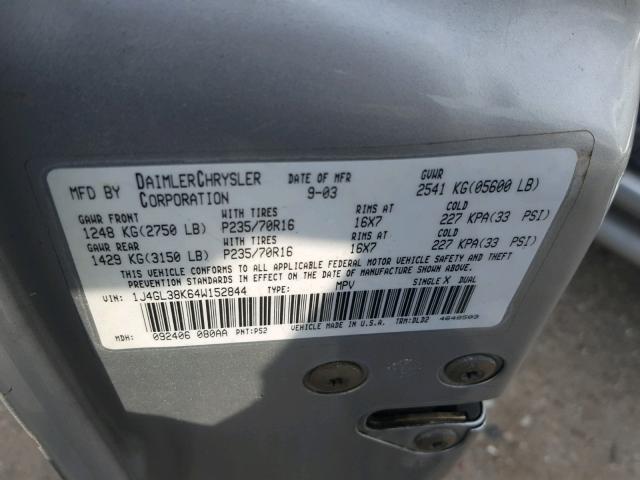 1J4GL38K64W152844 - 2004 JEEP LIBERTY RE SILVER photo 10