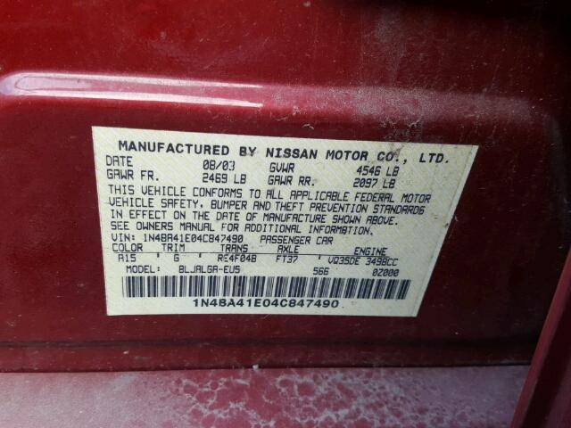 1N4BA41E04C847490 - 2004 NISSAN MAXIMA SE RED photo 10