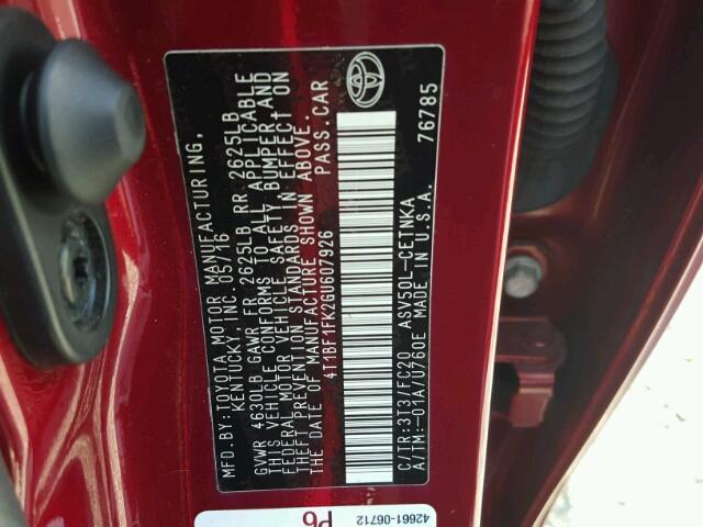 4T1BF1FK2GU607926 - 2016 TOYOTA CAMRY LE BURGUNDY photo 10