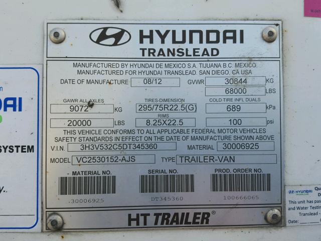 3H3V532C5DT345360 - 2013 HYUNDAI TRAILER WHITE photo 8