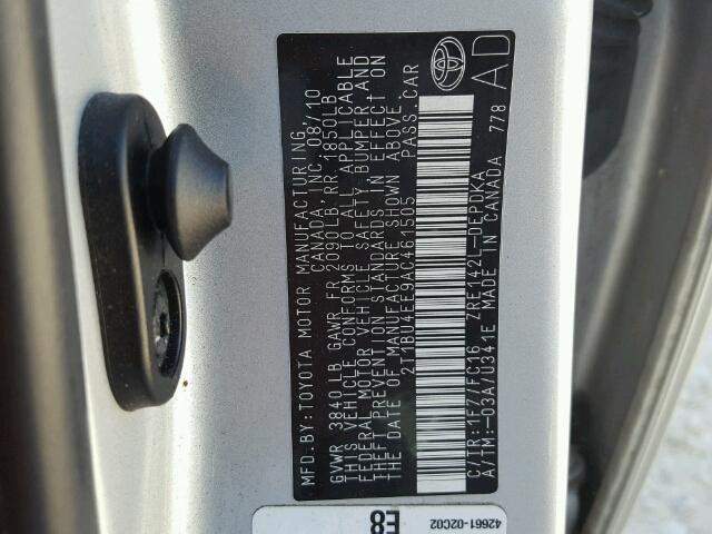 2T1BU4EE9AC461505 - 2010 TOYOTA COROLLA BA SILVER photo 10