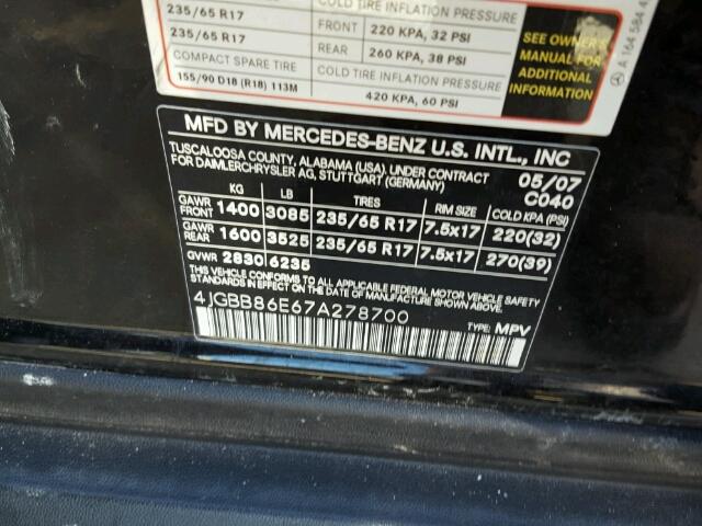 4JGBB86E67A278700 - 2007 MERCEDES-BENZ ML BLACK photo 10