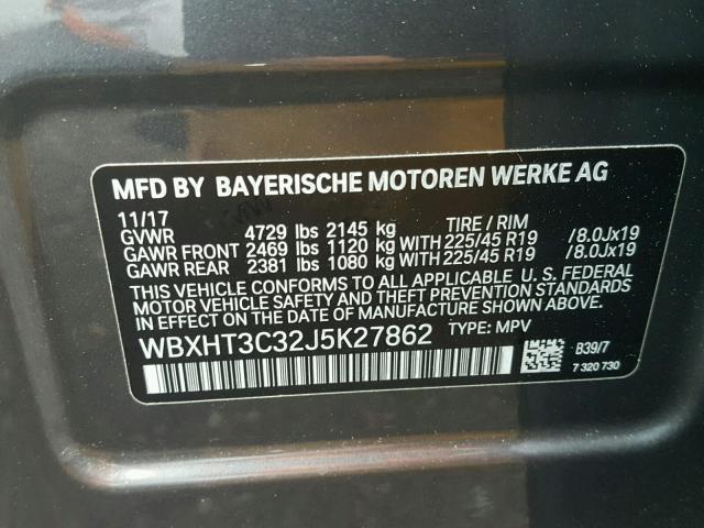 WBXHT3C32J5K27862 - 2018 BMW X1 XDRIVE2 GRAY photo 10