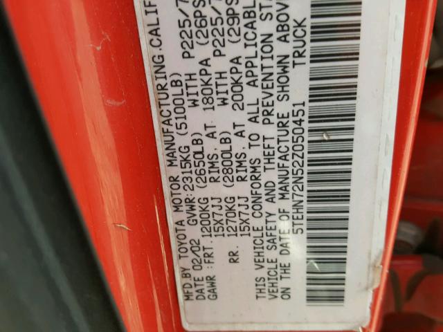 5TEHN72N52Z050451 - 2002 TOYOTA TACOMA RED photo 10