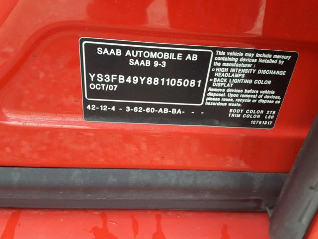 YS3FB49Y881105081 - 2008 SAAB 9-3 2.0T RED photo 10