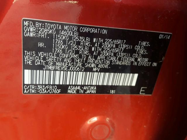 JTMBFREV5EJ000612 - 2014 TOYOTA RAV4 LE Qırmızı foto 10