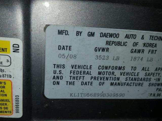 KL1TD56E99B309590 - 2009 CHEVROLET AVEO LS GRAY photo 10