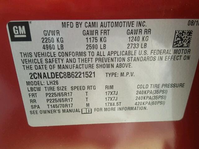 2CNALDEC8B6221521 - 2011 CHEVROLET EQUINOX RED photo 10