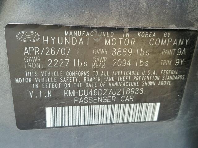 KMHDU46D27U218933 - 2007 HYUNDAI ELANTRA GRAY photo 10