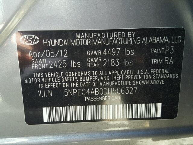 5NPEC4AB0DH506327 - 2013 HYUNDAI SONATA GRAY photo 10