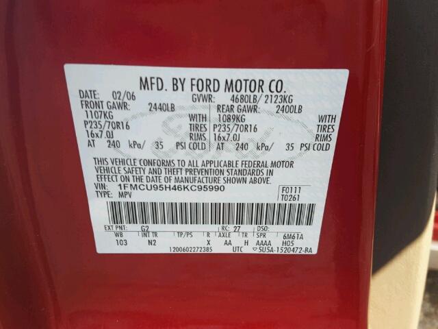 1FMCU95H46KC95990 - 2006 FORD ESCAPE HEV RED photo 10